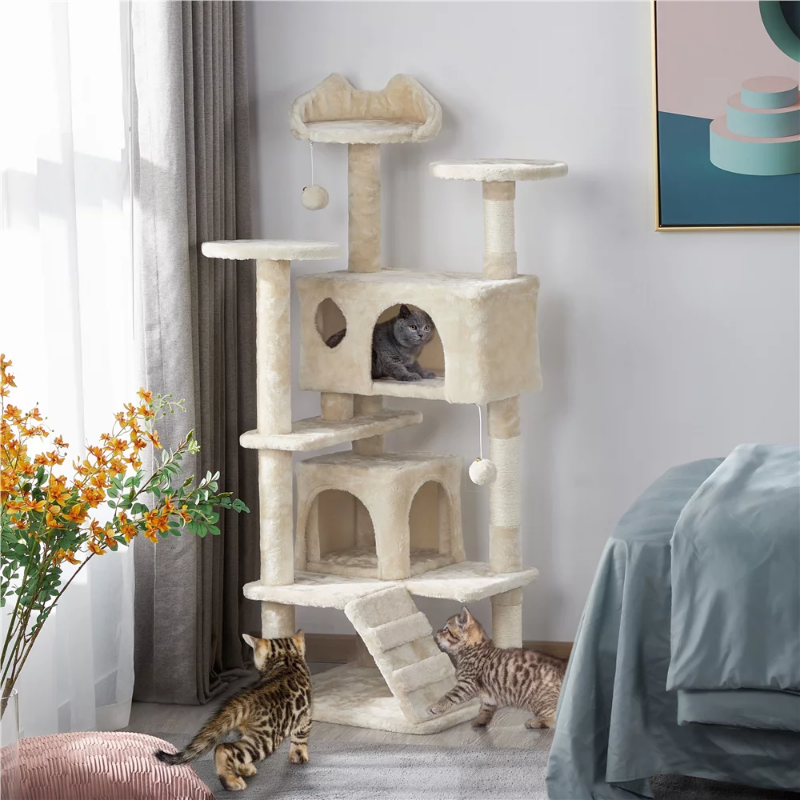 SMILE MART 54.5" Double Condo Cat Tree with Scratching Post Tower