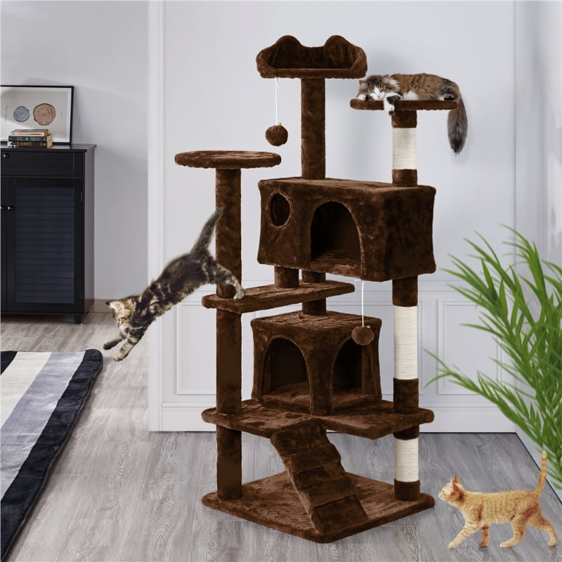 SMILE MART 54.5" Double Condo Cat Tree with Scratching Post Tower