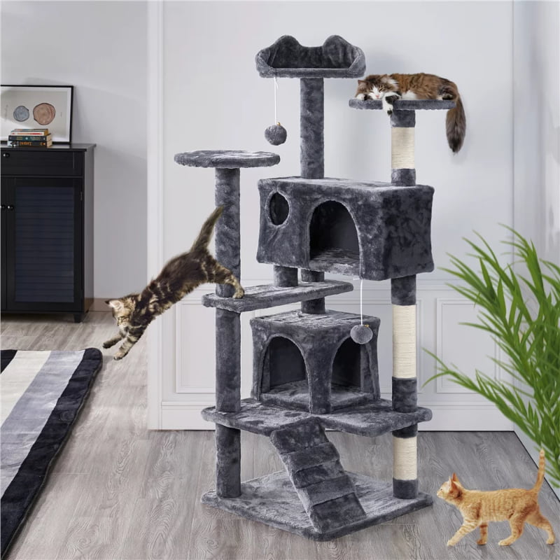 SMILE MART 54.5" Double Condo Cat Tree with Scratching Post Tower