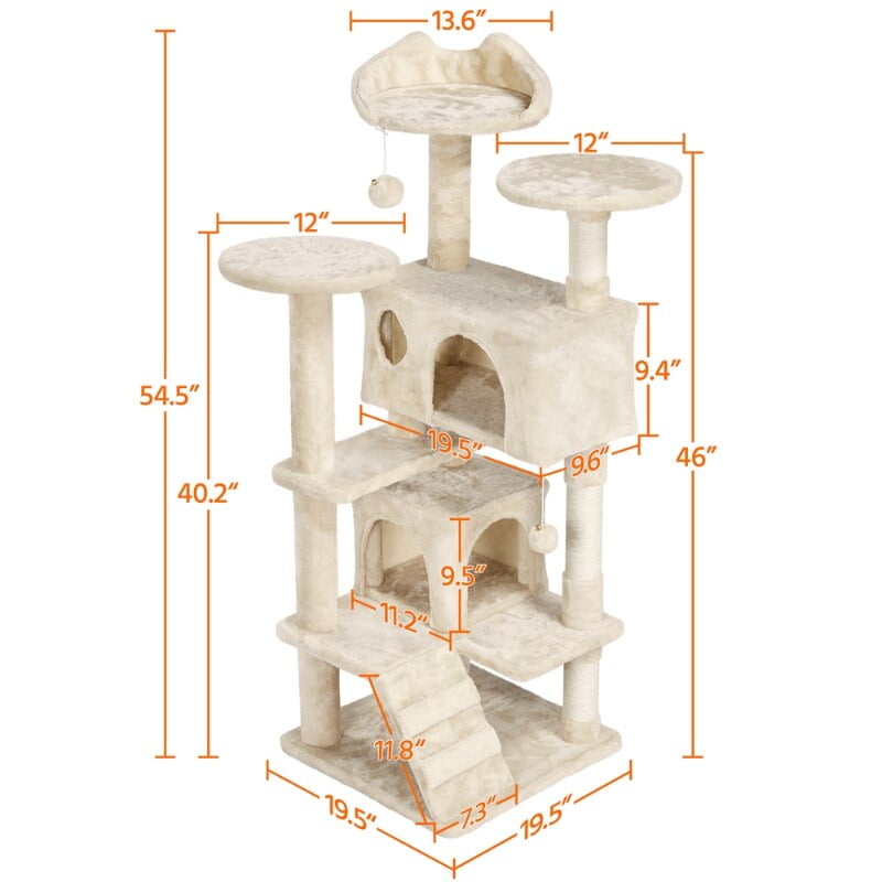 SMILE MART 54.5" Double Condo Cat Tree with Scratching Post Tower