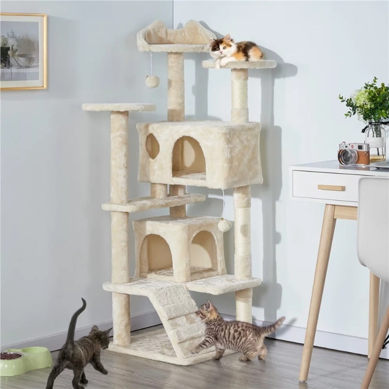 SMILE MART 54.5" Double Condo Cat Tree with Scratching Post Tower