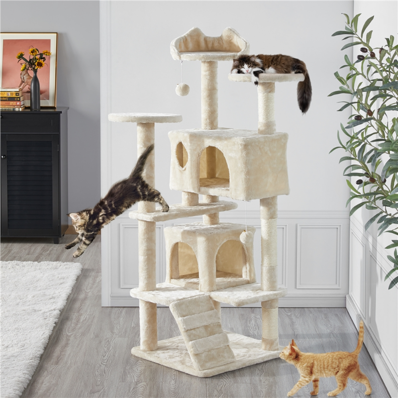 SMILE MART 54.5" Double Condo Cat Tree with Scratching Post Tower