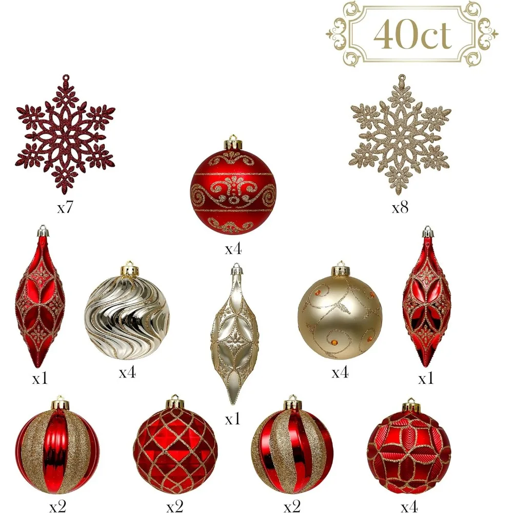 40ct Luxury Red and Gold Christmas Ball Ornaments, Shatterproof Christmas Tree Ornaments for Xmas Decoration Free Shipping