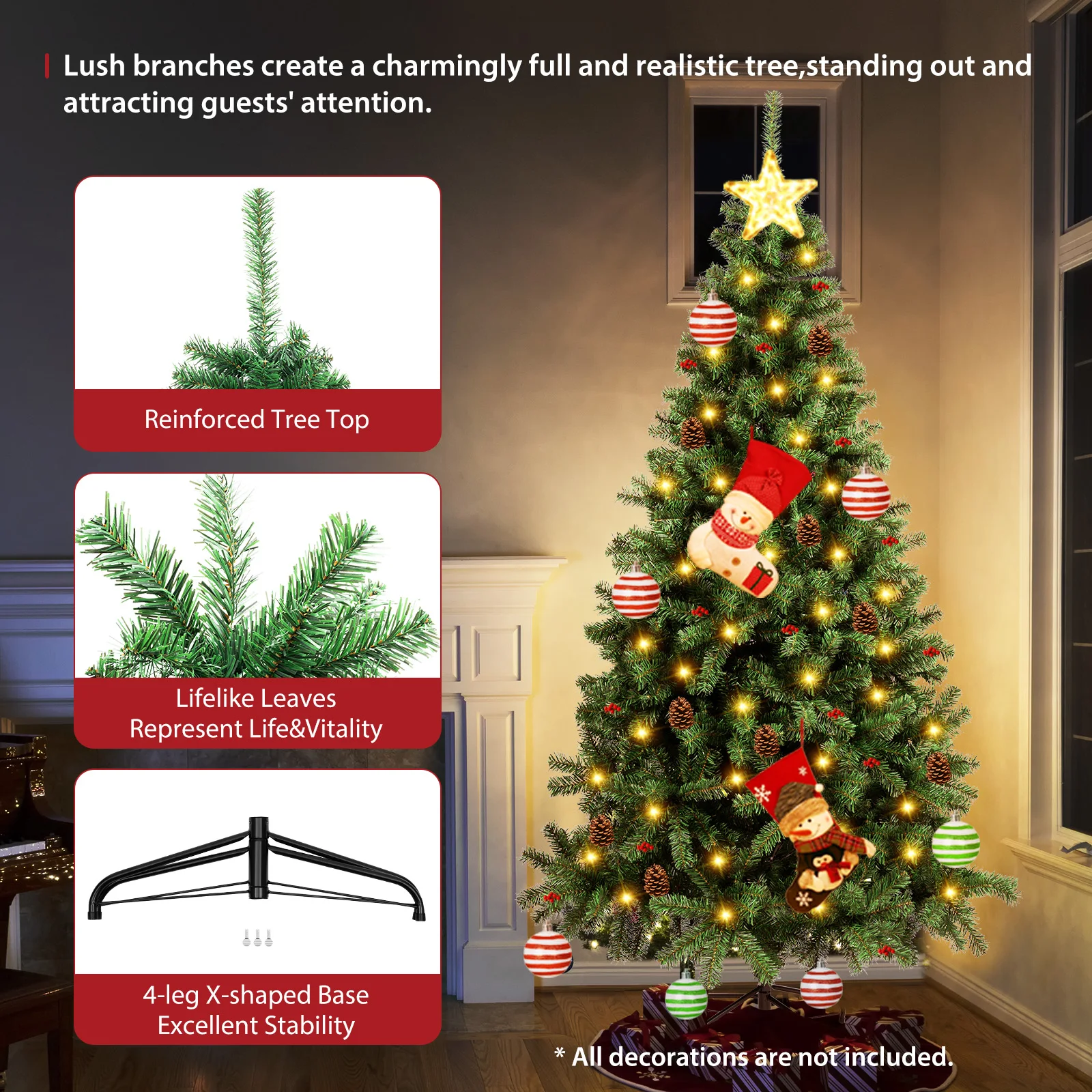 1.2/1.5/1.8/2/2.1/2.3M Christmas Tree Artificial Christmas Tree Fake Fluffy Xmas Trees Holiday Decor with Metal Foldable Stand
