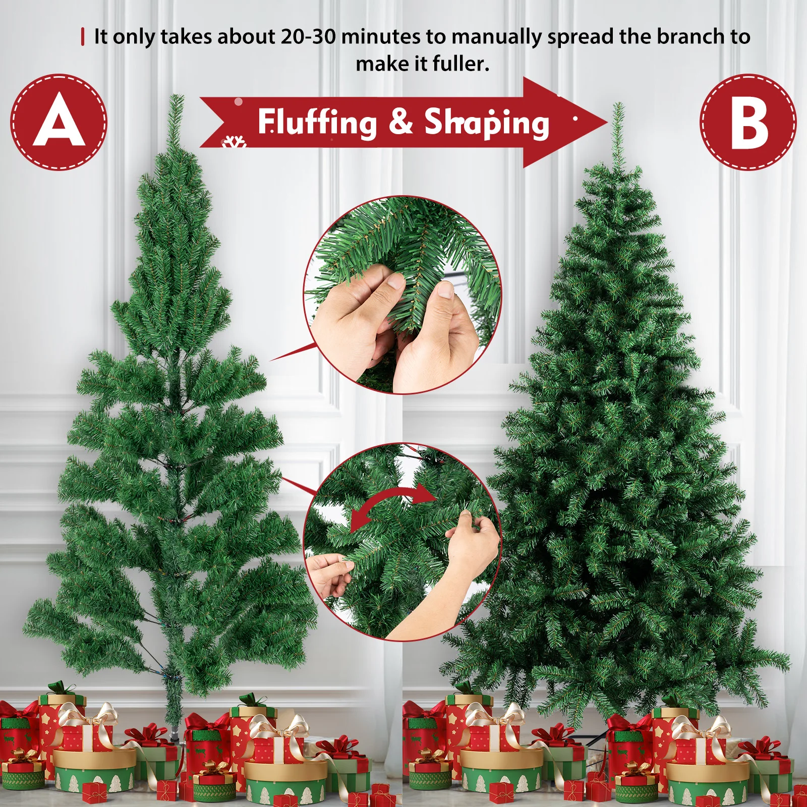 1.2/1.5/1.8/2/2.1/2.3M Christmas Tree Artificial Christmas Tree Fake Fluffy Xmas Trees Holiday Decor with Metal Foldable Stand