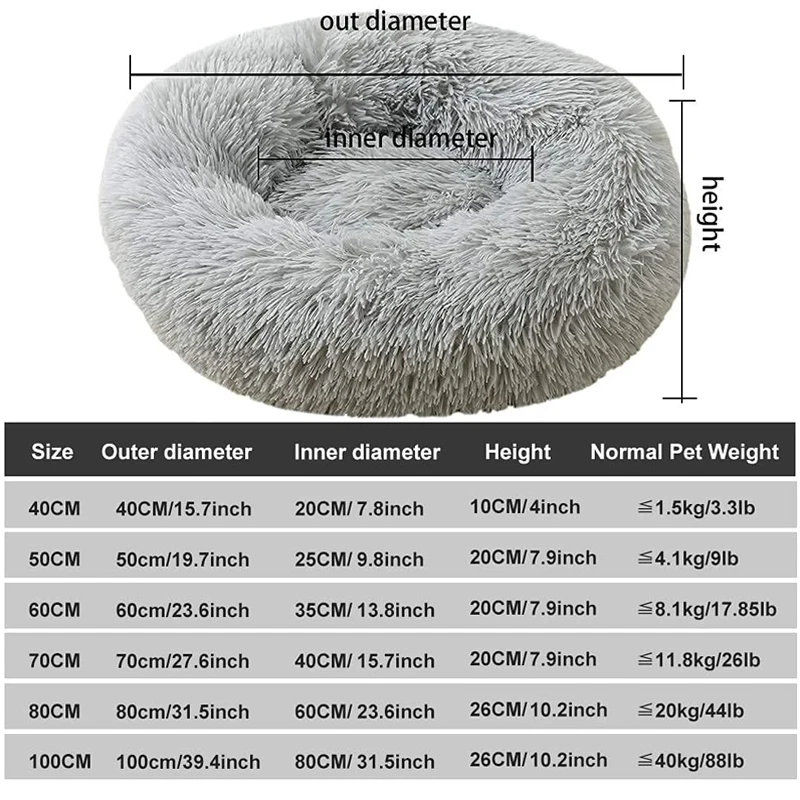 a grey round pet bed with sizes and measurements