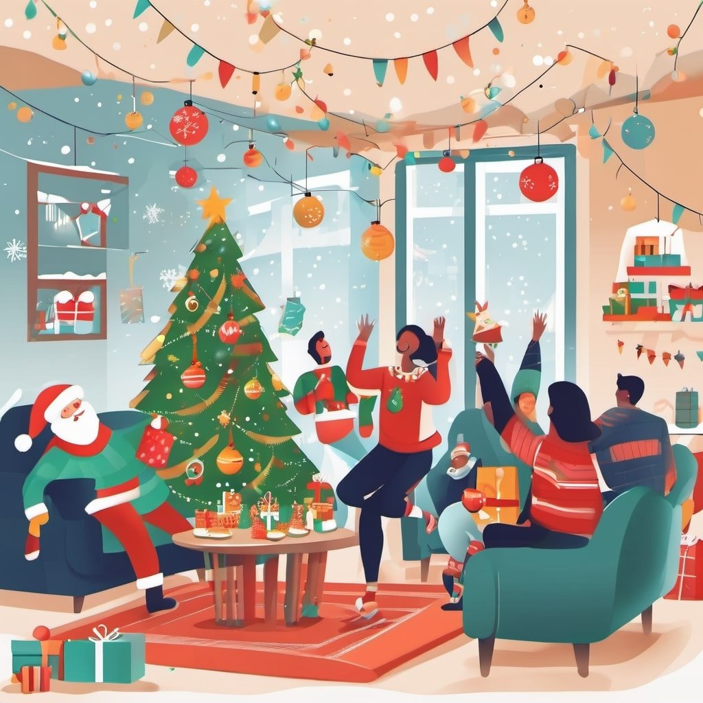 Christmas party in a house snowy