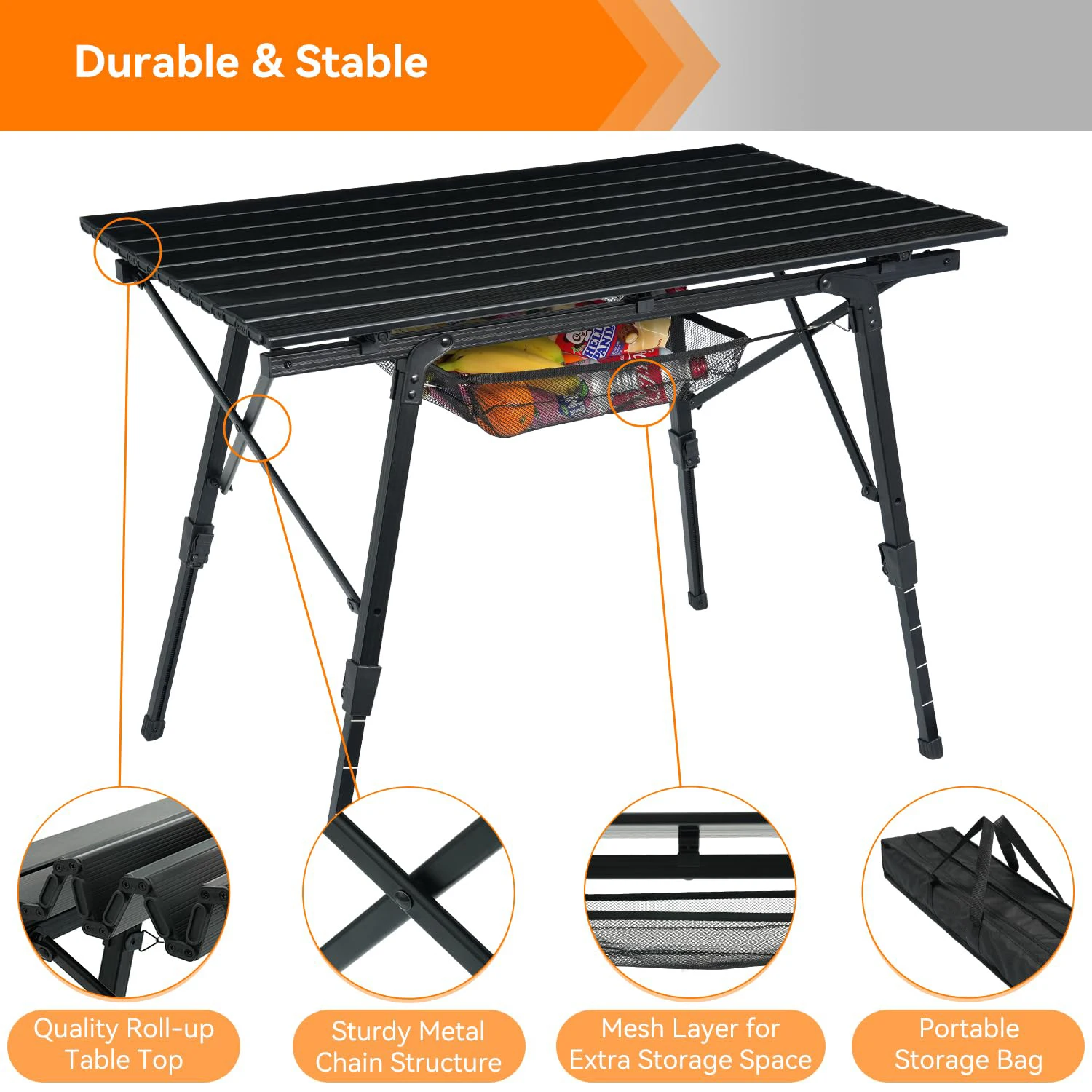 durable & stable table with sturdy metal chain structure, high quality table top, mesh layer for storage and portable bag durable & stable table with sturdy metal chain structure, high quality table top, mesh layer for storage and portable bag